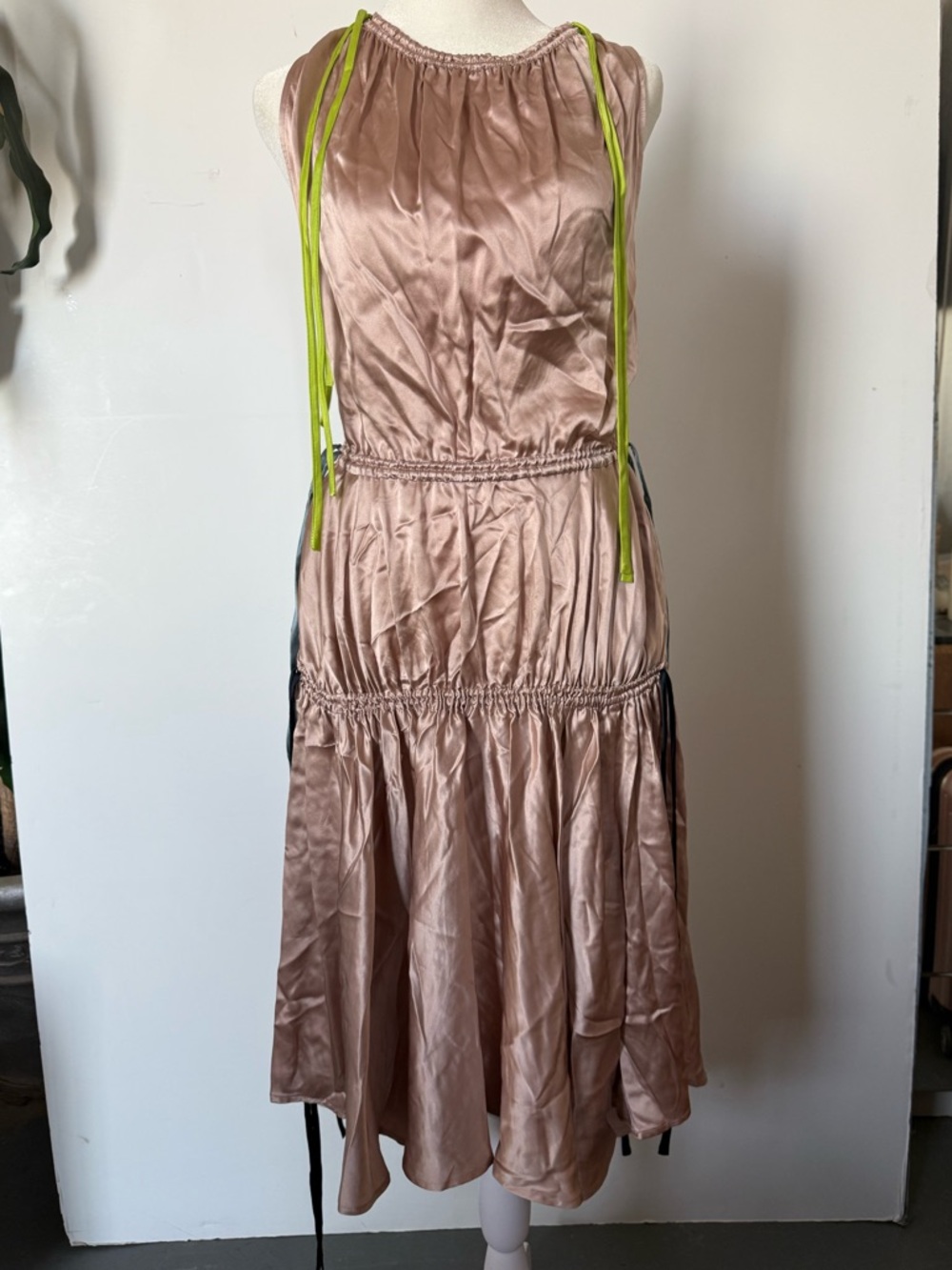 Satin Midi Dress in Blush with Neon Green Ties